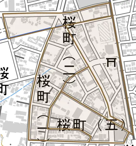 桜町とその周辺の地図。町の範囲を重ねている