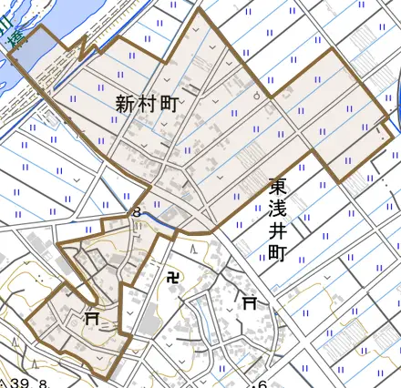新村町とその周辺の地図。町の範囲を重ねている
