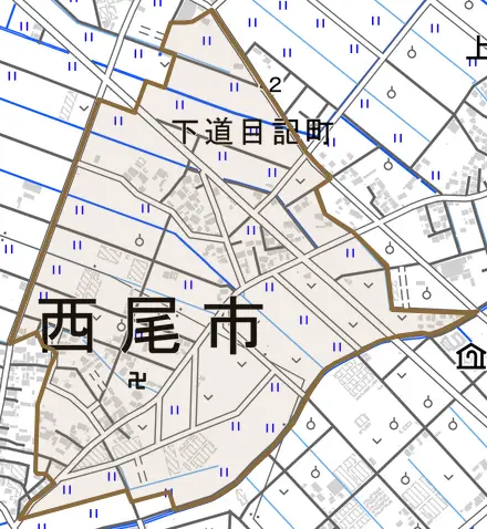 下道目記町とその周辺の地図。町の範囲を重ねている