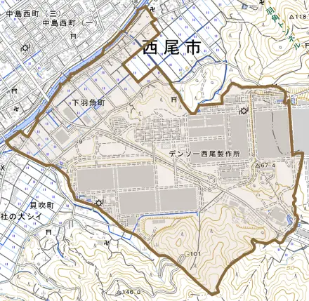 下羽角町とその周辺の地図。町の範囲を重ねている