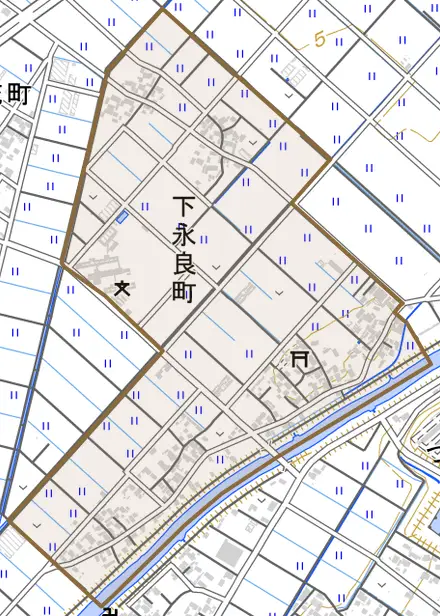 下永良町とその周辺の地図。町の範囲を重ねている
