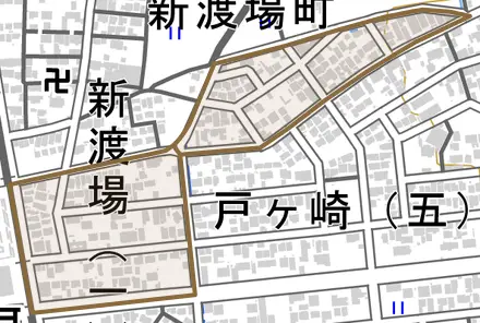 新渡場とその周辺の地図。町の範囲を重ねている