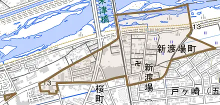 新渡場町とその周辺の地図。町の範囲を重ねている