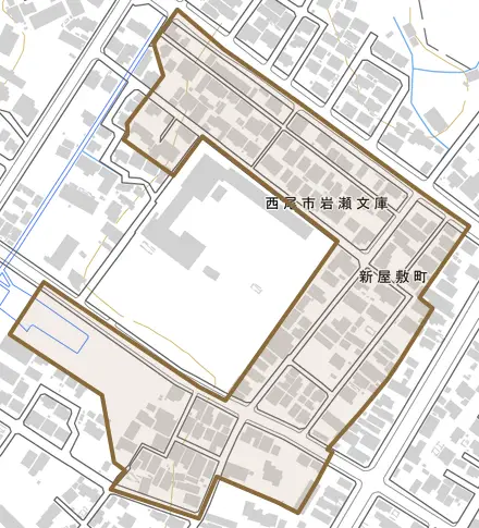 新屋敷町とその周辺の地図。町の範囲を重ねている