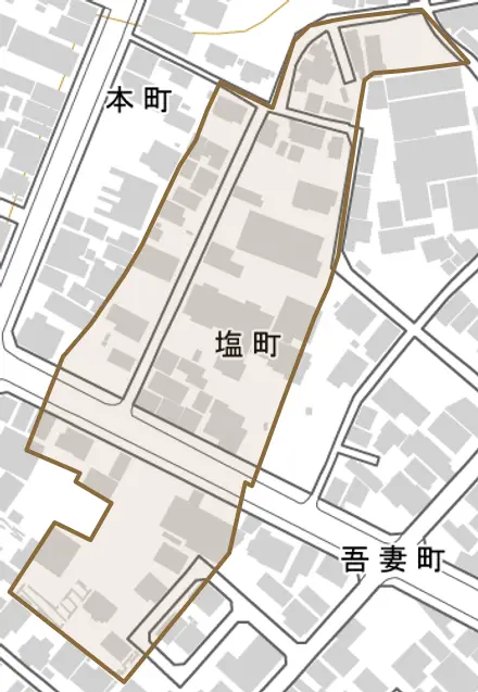 塩町とその周辺の地図。町の範囲を重ねている