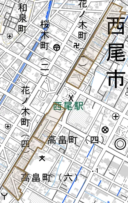 城崎町とその周辺の地図。町の範囲を重ねている