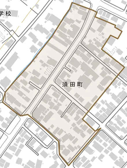 須田町とその周辺の地図。町の範囲を重ねている