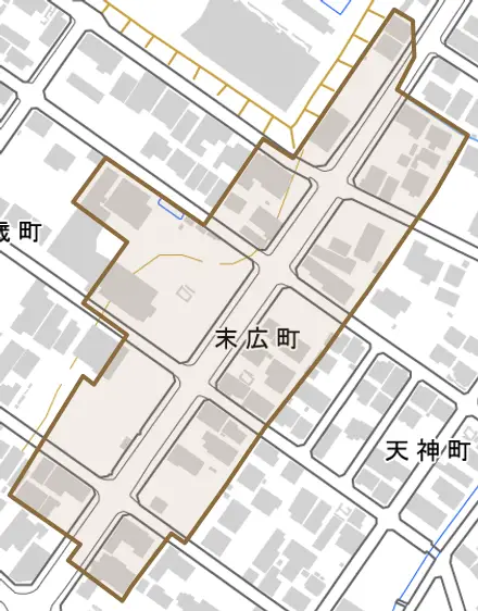 末広町とその周辺の地図。町の範囲を重ねている