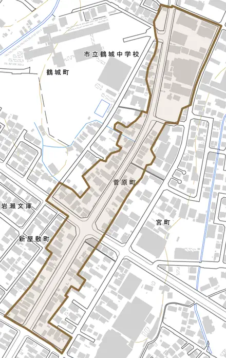 菅原町とその周辺の地図。町の範囲を重ねている