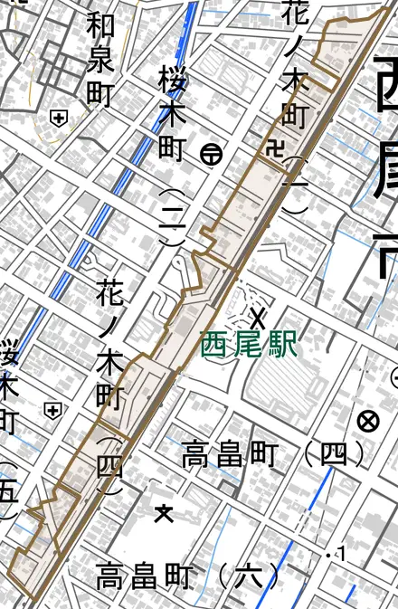 住吉町とその周辺の地図。町の範囲を重ねている