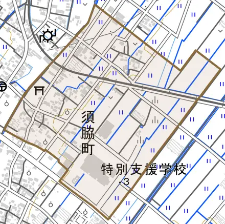須脇町とその周辺の地図。町の範囲を重ねている