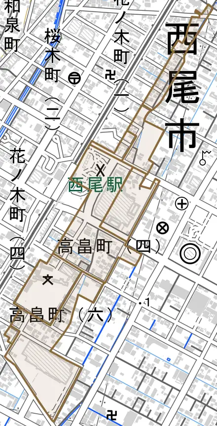 高畠町とその周辺の地図。町の範囲を重ねている