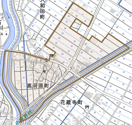 高河原町とその周辺の地図。町の範囲を重ねている