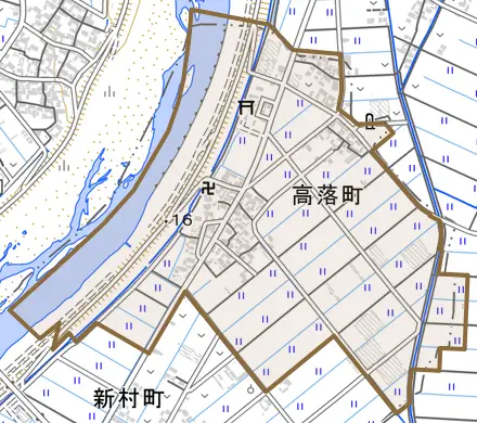 高落町とその周辺の地図。町の範囲を重ねている