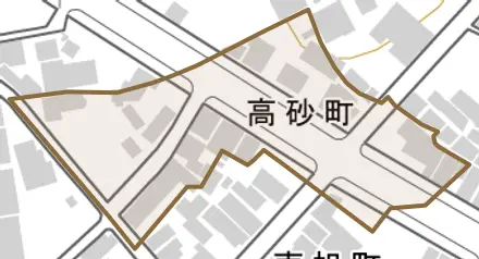 高砂町とその周辺の地図。町の範囲を重ねている
