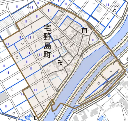 宅野島町とその周辺の地図。町の範囲を重ねている