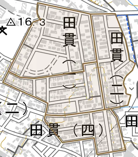 田貫とその周辺の地図。町の範囲を重ねている
