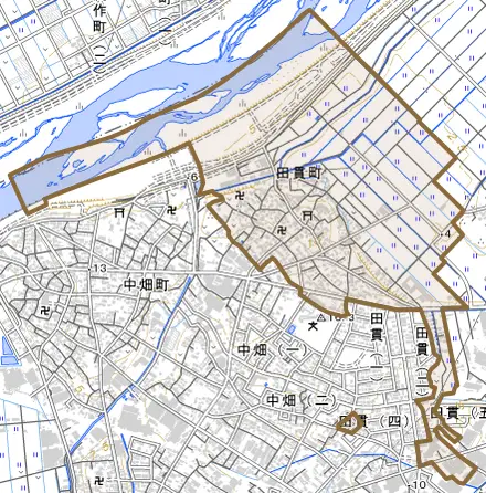 田貫町とその周辺の地図。町の範囲を重ねている