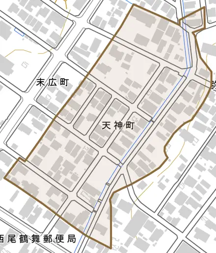 天神町とその周辺の地図。町の範囲を重ねている