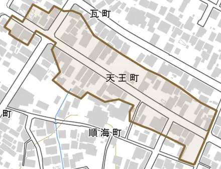 天王町とその周辺の地図。町の範囲を重ねている