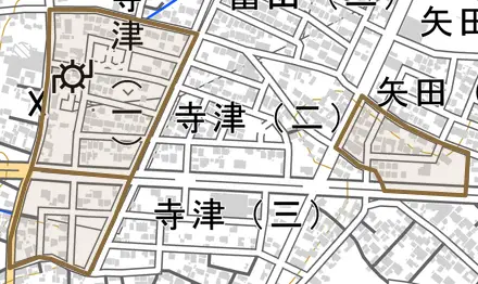 寺津とその周辺の地図。町の範囲を重ねている