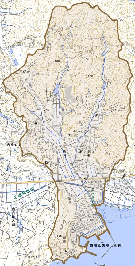 鳥羽町とその周辺の地図。町の範囲を重ねている
