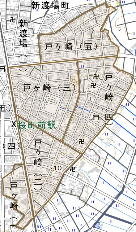 戸ケ崎とその周辺の地図。町の範囲を重ねている