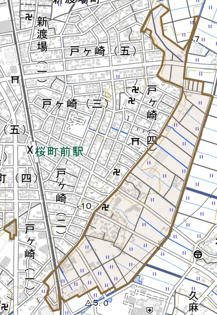 戸ケ崎町とその周辺の地図。町の範囲を重ねている