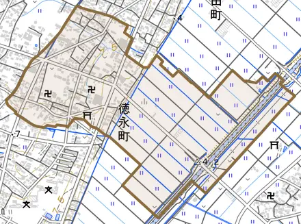 徳永町とその周辺の地図。町の範囲を重ねている