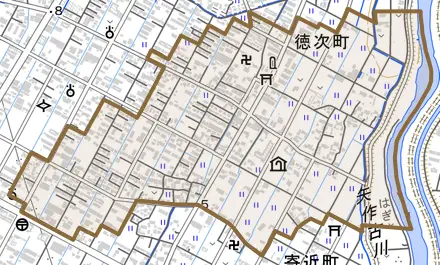 徳次町とその周辺の地図。町の範囲を重ねている