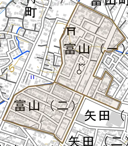 富山とその周辺の地図。町の範囲を重ねている