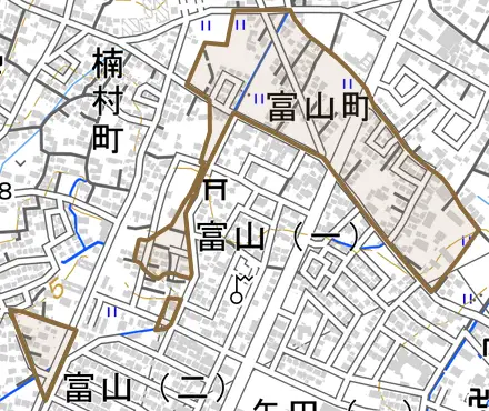 富山町とその周辺の地図。町の範囲を重ねている