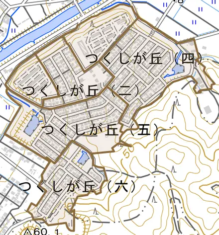 つくしが丘とその周辺の地図。町の範囲を重ねている