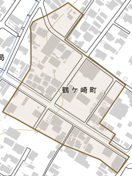 鶴ケ崎町とその周辺の地図。町の範囲を重ねている