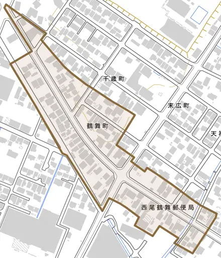 鶴舞町とその周辺の地図。町の範囲を重ねている
