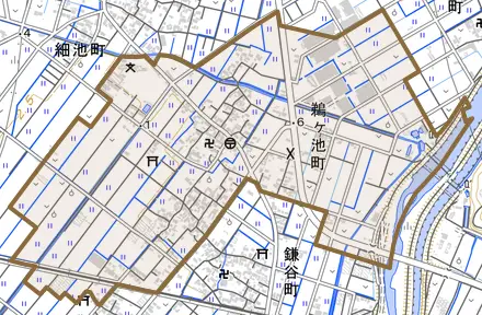 鵜ケ池町とその周辺の地図。町の範囲を重ねている