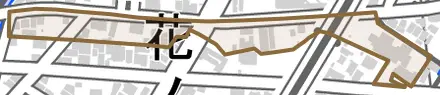 若松町とその周辺の地図。町の範囲を重ねている