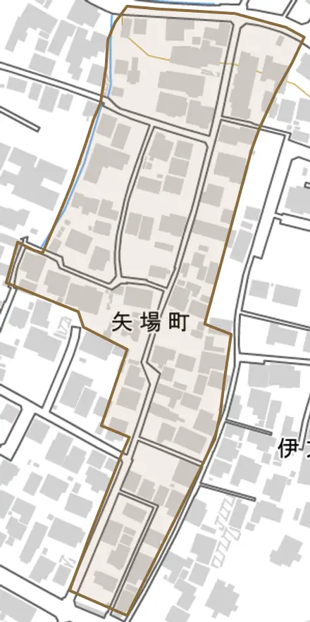 矢場町とその周辺の地図。町の範囲を重ねている