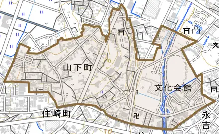 山下町とその周辺の地図。町の範囲を重ねている