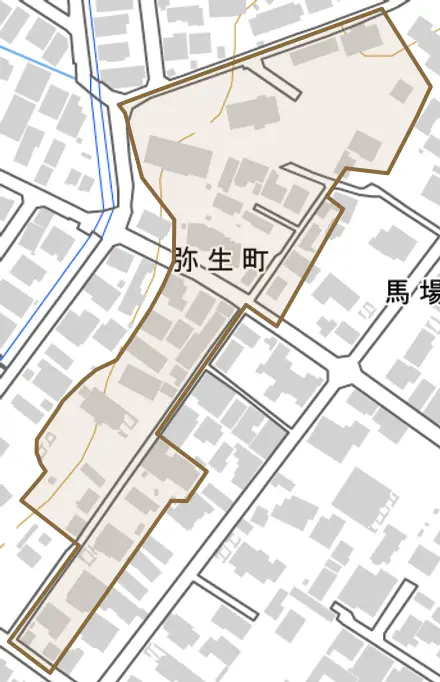 弥生町とその周辺の地図。町の範囲を重ねている