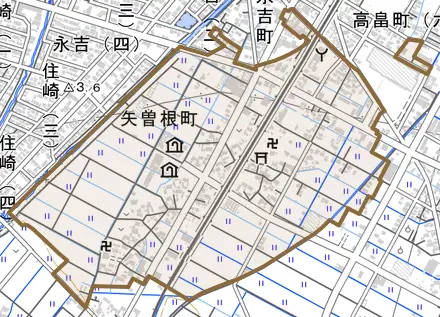矢曽根町とその周辺の地図。町の範囲を重ねている
