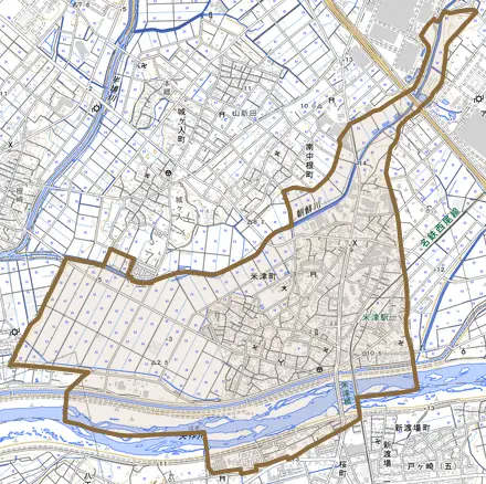 米津町とその周辺の地図。町の範囲を重ねている