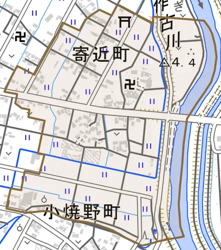 寄近町とその周辺の地図。町の範囲を重ねている
