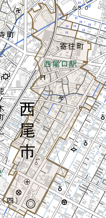 寄住町とその周辺の地図。町の範囲を重ねている