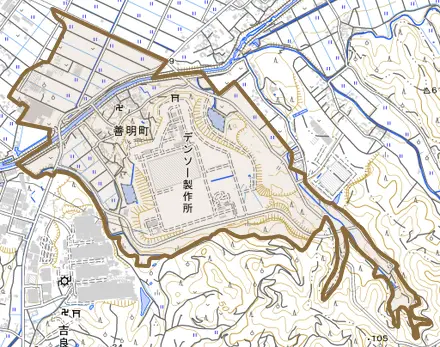 善明町とその周辺の地図。町の範囲を重ねている