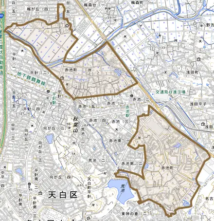 赤池町とその周辺の地図。町の範囲を重ねている