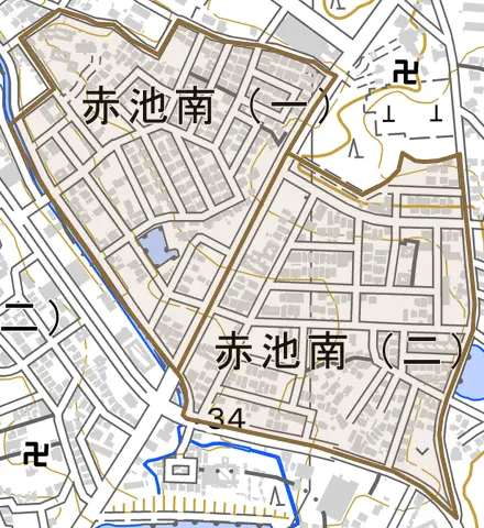赤池南とその周辺の地図。町の範囲を重ねている