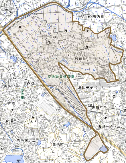 浅田町とその周辺の地図。町の範囲を重ねている