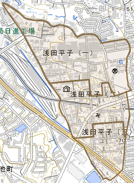 浅田平子とその周辺の地図。町の範囲を重ねている