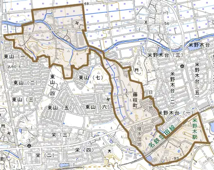 藤枝町とその周辺の地図。町の範囲を重ねている